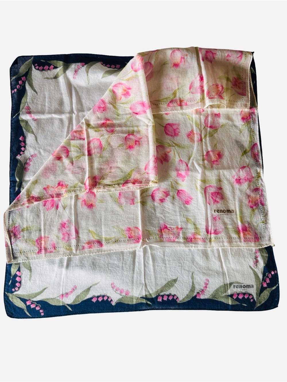 Renoma Paris Handkerchiefs Navy Blue White Pink Floral Pocket Square Set of 2